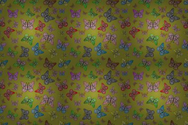 Gri, siyah ve sarı renkli bir resim. Kelebekli çiçeksiz desen. Kağıt, kumaş ve ambalaj için uygun.