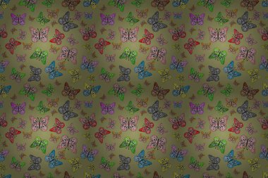 Siyah, nötr ve gri arka planda geleneksel halk çiçekleri dekoru giyim tasarımı için. Nakış, egzotik kelebeklerle süslenmiş çiçeksiz desenler. Kart ve yazdırma için basit sevimli desen.