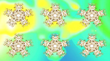 Altın kar taneleri. Kar tanelerinin soyut arkaplanlı Noel şablonu. Renkler. Noel ve yeni yıl moda baskıları için tatil tasarımı. Raster illüstrasyonu.