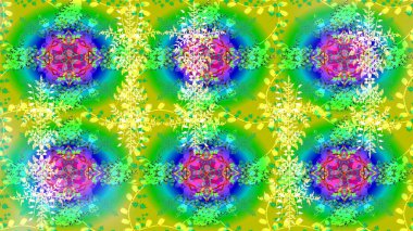 Noel yeşili, sarı ve mavi. Raster illüstrasyonu. Sihirli yeşil, sarı ve mavi tatil soyut arka plan yıldız ve düşen kar taneleri.