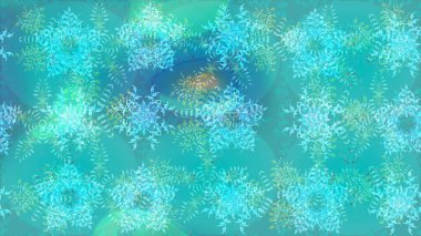 Yüzey için tekrarlanan doku, ambalaj kağıdı, mavi, yeşil ve nötr renkler üzerine kar tanesi. Kış kar taneleri, raster arka plan.