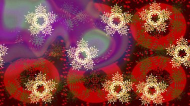 Düz dizayn. Raster illüstrasyonu. Grafiksel element dekorasyonu. Kırmızı, kahverengi ve mor siluet kar tanesi işareti. Kar Tanesi Mozaik ikonu. Sembol kışı, donmuş, Noel, yeni yıl tatili.