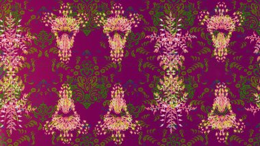 Kar tanelerinin soyut arkaplanlı Noel şablonu. Raster illüstrasyonu. Noel ve yeni yıl moda baskıları için tatil tasarımı. Mor, yeşil ve pembe kar taneleri.