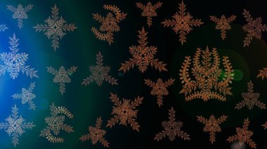 Güzel soyut kar taneleri raster tasarımı. Düz kar karalama ikonları, kar taneleri silueti siyah, mavi ve kahverengi renklerde Noel afişi, kartlar. Yeni yıl kar tanesi.