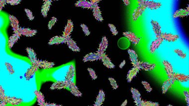 Siyah, mavi ve yeşil kar taneleri. Renkler. Kar tanelerinin soyut arkaplanı olan şirin bir Noel arkaplanı. Raster illüstrasyonu. Noel ve Yeni Yıl moda baskıları için tatil tasarımı.