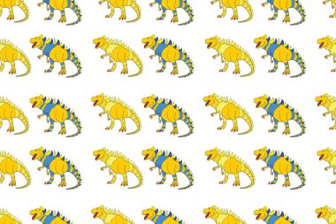 Dinozorlarla birlikte geometrik kusursuz desen. Renkli kertenkele benzeri dinozorlar paketleme ya da giydirme için. Saurischian dinozorları.