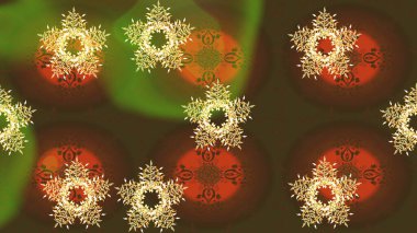 Renkli arka planda izole tatlı kar taneleri. Güzel kar tanesi. Raster illüstrasyonu. Soyut kış kahverengi, yeşil ve turuncu süsler. Yuvarlak raster kar tanesi.