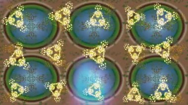 Renkli unsurlarla hareketli arka plan görüntüleri. Çiçekler. Eski model. Bayrak tarzı. Altın, altın. Video kaydı. Şablon.