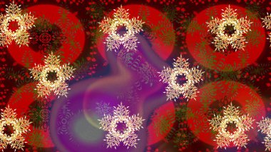 Raster illüstrasyonu. Noel ve yeni yıl moda baskıları için tatil tasarımı. Kar tanelerinin soyut arkaplanlı Noel şablonu. Kırmızı, kahverengi ve mor renkler.