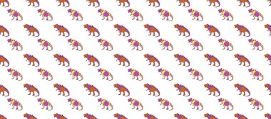 Saurischian dinozorları. Dinozorlarla birlikte geometrik kusursuz desen. Ambalaj veya giysi için renkli kertenkele benzeri dinozorlar.