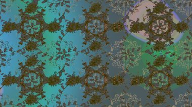 Klasik çiçek tasarımı elementleri. Mavi, yeşil ve gri kıvırcık çiçekler mavi, yeşil ve gri renklerde. Raster illüstrasyonu.