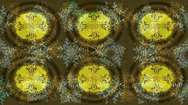 Güzel tasarım. Kahverengi, yeşil ve sarı kar taneleri. Noel için tatil tasarımı, yeni yıl moda baskıları. Raster illüstrasyonu. Kar tanelerinin soyut arkaplanlı Noel arkaplanı.