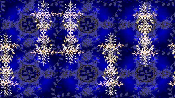 Raster illüstrasyonu. Kar tanelerinin soyut arkaplanlı Noel şablonu. Mavi, mor ve siyah kar taneleri. Noel ve yeni yıl moda baskıları için tatil tasarımı. Renkler.