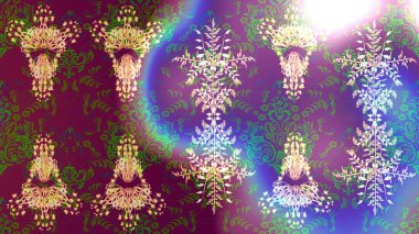 Kış kar tanesi, raster arka plan. Raster illüstrasyonu. Yüzey için tekrarlanan doku, ambalaj kağıdı, mor, yeşil ve nötr renkler. Renkli arka planda izole edilmiş güzel kar taneleri.