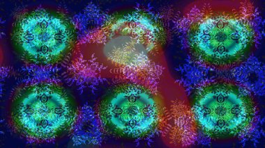 Noel stili. Raster illüstrasyonu. Mavi, yeşil ve gri renkli kar taneleri.