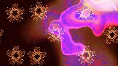 Kar tanelerinin soyut arkaplanlı Noel şablonu. Raster illüstrasyonu. Kahverengi, siyah ve mor renkler. Noel ve Yeni Yıl moda baskıları için tatil tasarımı.