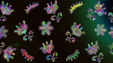 Çiçek desenli çizim. Asya tekstil tarzında. Düz Çiçek Elementleri Tasarımı. Renkli Bahar Teması eskiz kalıbı. Siyah, yeşil ve gri renkli çiçekler. Raster illüstrasyonu.