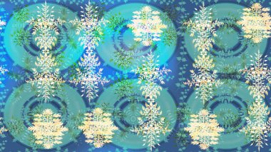 Kar tanelerinin soyut arkaplanlı Noel şablonu. Mavi, yeşil ve nötr kar taneleri. Raster illüstrasyonu. Renkler. Noel ve Yeni Yıl moda baskıları için tatil tasarımı.