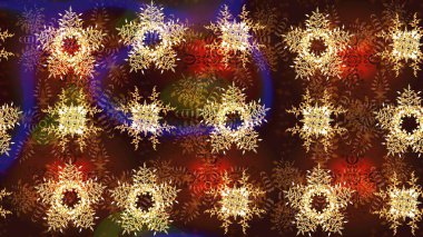 Raster illüstrasyonu. Kar taneleri. Renkler. Noel ve yeni yıl moda baskıları için tatil tasarımı. Kar tanelerinin soyut arkaplanlı Noel deseni.