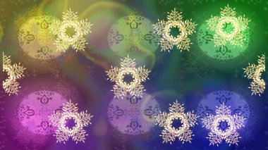 Yeşil, mavi ve mor kar taneli Noel kartı yeşil, mavi ve mor renkli. Kar taneleri arka planda. Kış kartı Mutlu Noeller, yeni yıl ve mutlu bayramlar..