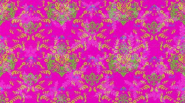 El çizimi çiçek unsurları olan soyut çizim raster deseni. Magenta, yeşil ve pembe, mor, yeşil, pembe. Çiçekli ipek eşarp. Retro tekstil tasarım koleksiyonu. 1950 'ler-1960' lar motifleri.