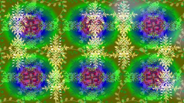 Yeşil, mavi ve sarı renkler üzerine illüstrasyon. Basit bir kar tanesi. Kışın sembolü, mutlu noeller, mutlu yeni yıl kutlaması Raster illüstrasyonu. Soyut duvar kağıdı, ambalaj dekorasyonu.