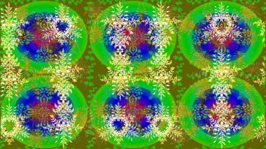 Düz kar karalama ikonları, kar taneleri silueti yeşil, mavi ve sarı renkli yılbaşı afişleri, kartlar. Güzel soyut kar taneleri raster tasarımı. Yeni yıl kar tanesi.