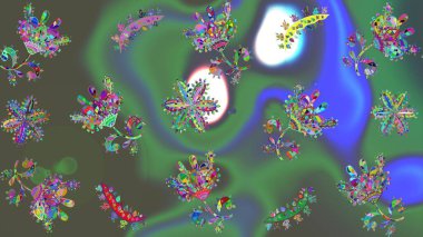 Elle boyanmış suluboya resim çizimleri, çiçekler ve bitkiler. Çiçekler yeşil, gri ve mavi renklerde.