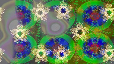 Kar tanelerinin soyut arkaplanlı Noel şablonu. Yeşil, gri ve nötr kar taneleri. Raster illüstrasyonu. Renkler. Noel ve Yeni Yıl moda baskıları için tatil tasarımı.