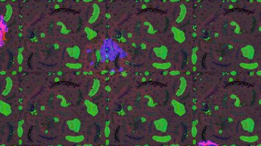 El çizimi çiçekli, pürüzsüz bir desen. Tekstil, kumaş, ambalaj, hatıra defteri için hoş bir çiçek arkaplanı. Çocuksu tasarım. Kahverengi, mor ve yeşil arkaplanda.