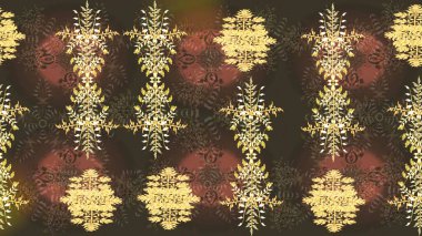 Raster illüstrasyonu. Noel ve yeni yıl moda baskıları için tatil tasarımı. Kar tanelerinin soyut arkaplanlı Noel şablonu. Kahverengi, sarı ve bej kar taneleri.