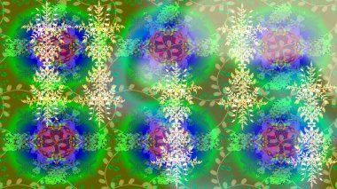 Kar tanesi rengarenk desen. Soyut kar taneleri arkaplanda izole edilmiş düz dizayn. Kar taneleri deseni. Raster illüstrasyonu. Raster kar taneleri arkaplanı.