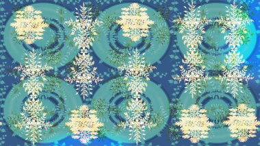 Kar tanelerinin soyut arkaplanı olan şirin bir Noel arkaplanı. Mavi, yeşil ve nötr kar taneleri. Raster illüstrasyonu. Renkler. Noel ve Yeni Yıl moda baskıları için tatil tasarımı.