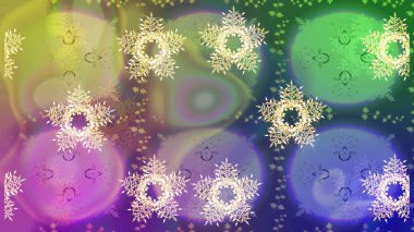 Kar taneleri radyal menekşe, yeşil ve nötr renkler. Renkli arka planda güzel kar taneleri. Raster illüstrasyonu..