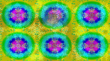 Raster illüstrasyonu. Bokeh yeşili, mavi, sarı ve kar taneleriyle dekoratif Noel arkaplanı.