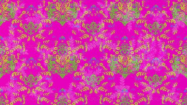 Renkli süs kenarı. Çizim kalıbı. Hint süsü. Çiçek duvar kağıdı. Raster illüstrasyonu. Mor, yeşil ve pembe renkler.