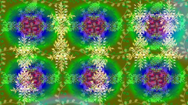 Grafiksel element dekorasyonu. Raster skeci. Sembol kışı, donmuş, Noel, yeni yıl tatili. Düz dizayn. Siluet kar tanesi işareti izole edilmiş yeşil, mavi ve sarı renkler. Kar Tanesi mozaik simgesi.