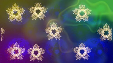 Kar taneleri radyal yeşil, mavi ve mor renkler. Renkli arka planda güzel kar taneleri. Raster illüstrasyonu..