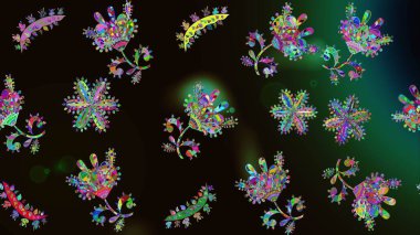 Raster deseni. Siyah, yeşil ve gri renklerde yaz çiçekleri. Küçük çiçekteki sevimli çiçek deseni. Raster illüstrasyonu.