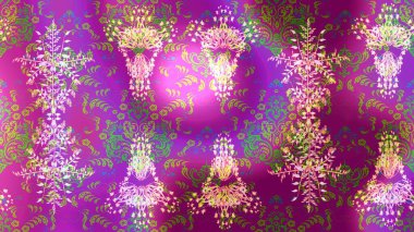 Kar tanesi raster deseni. Raster illüstrasyonu. Mor, mor ve yeşil renkli kar taneleri. Renkli arka planda izole tatlı kar taneleri.