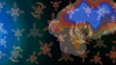 Kar tanesi renkli desen. Snowflakes desen. Raster kar taneleri arka plan. Renk arka plan üzerinde izole soyut kar taneleri ile düz tasarım. Raster illüstrasyon.