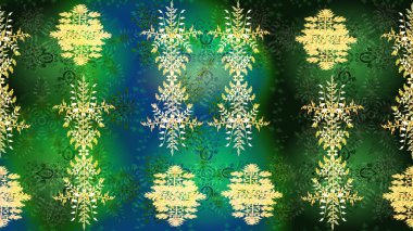 Raster illüstrasyonu. Noel ve yeni yıl moda baskıları için tatil tasarımı. Kar tanelerinin soyut arkaplanlı Noel şablonu. Yeşil, mavi ve gri renkler.