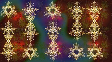 Güzel soyut kar taneleri raster tasarımı. Düz kar karalama ikonları, kar taneleri silueti kahverengi, yeşil ve mavi renkler noel afişi, kartlar. Yeni yıl kar tanesi.