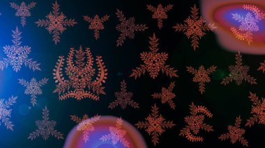 Kar tanelerinin soyut arkaplanlı Noel şablonu. Siyah, mavi ve kahverengi kar taneleri. Raster illüstrasyonu. Noel ve Yeni Yıl moda baskıları için tatil tasarımı.