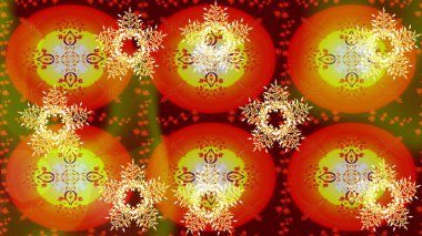 Kar tanesi raster deseni. Turuncu, kırmızı ve kahverengi renkte kar taneleri. Renkli arka planda izole tatlı kar taneleri. Raster illüstrasyonu.