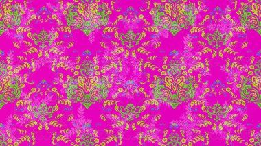 Küçük çiçekteki sevimli çiçek deseni. Varicolomagenta, yeşil ve pembe raster çizimi. Bir çok mor, yeşil ve pembe soyut çiçekli tropikal çizim deseni.