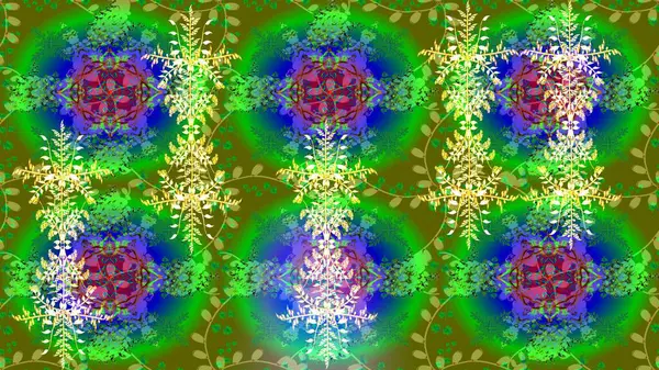 Kar taneleri tasarımı. Muhteşem tasarım posteri, kapak tasarımı, yeşil, mavi ve sarı renkli kart tasarımı. Son moda kar taneleri ve elementler onun kartlarını gösteriyor. Retro biçim dokusu, soyut kış elementleri.