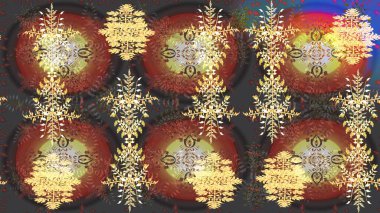 Noel ve yeni yıl moda baskıları için tatil tasarımı. Kahverengi, gri ve sarı kar taneleri. Renkler. Kar tanelerinin soyut arkaplanı olan şirin bir Noel arkaplanı. Raster illüstrasyonu.