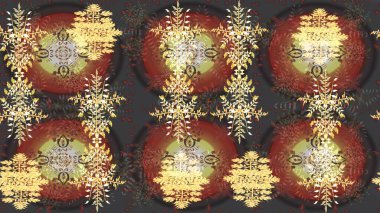 Kar taneleri tasarımı. Son moda kar taneleri ve elementler onun kartlarını gösteriyor. Retro tarzı doku, soyut kış elementleri. Muhteşem tasarım posteri, kapak, kahverengi, gri ve sarı renkli kart tasarımı.