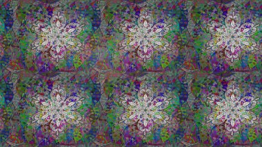 Nakış desenli çiçek deseni. Renkli grunge soyut arka planda Cologray, yeşil ve kahverengi çiçeklerle zenginleşir. İzler, kumaş, duvar kağıtları, tekstil için raster dokusu.